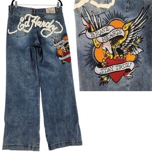Ed Hardy Wide Leg Jean 32 Wom Embroidered Brave Hearts Stay True Eagle Baggy Y2K